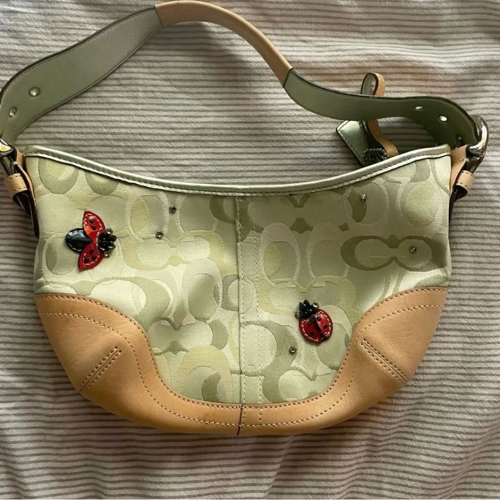 Coach Green and Tan Shoulder Bag with Signature Monogram